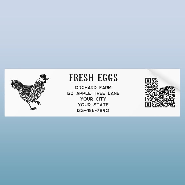 Farm Hen Fresh Eggs QR Code Bumper Sticker (Fresh Eggs chicken hen bumper sticker with custom text, farm details and QR code)