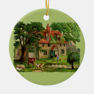 Farm House And Farm Animals Ceramic Ornament