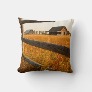 Farm House And Rail Fence In Grand Teton Throw Pillow