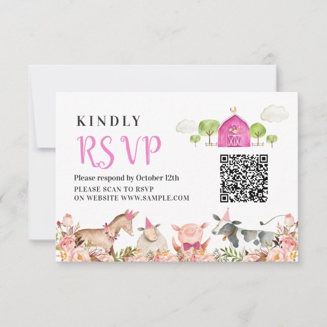 Farm House Animals Barnyard 1st Birthday Rsvp Card (Front)