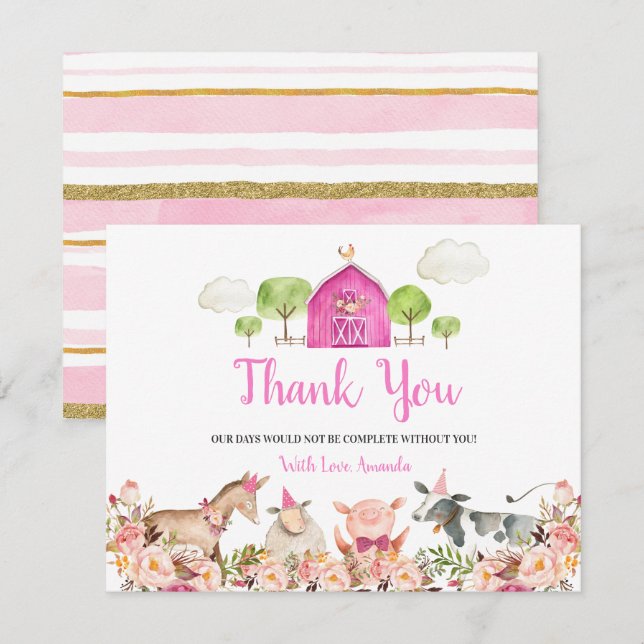 Farm House Animals Barnyard 1st Birthday Thank You (Front/Back)