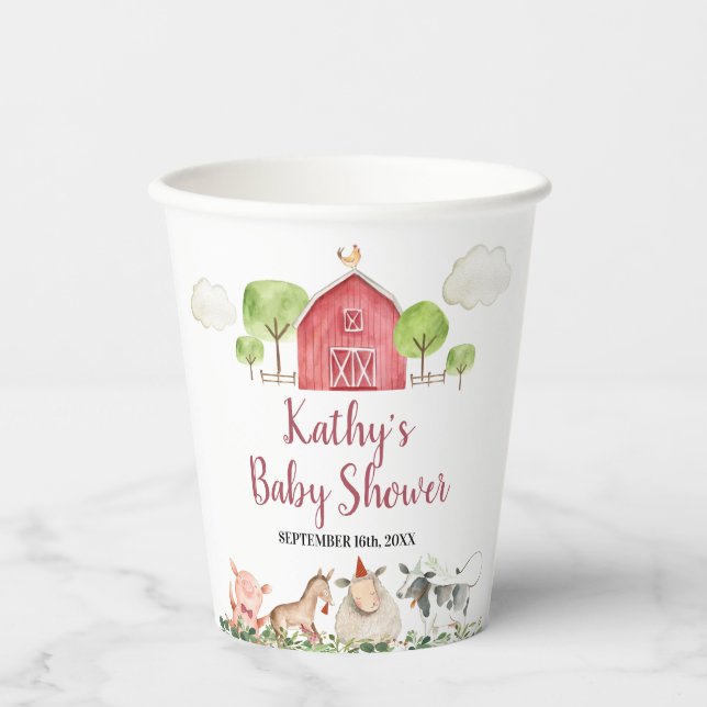 Farm House Animals Barnyard Greenery White Paper Paper Cups (Front)