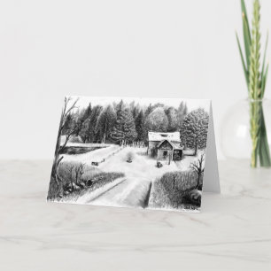 Farm House Pencil Drawing Greeting Card Blank