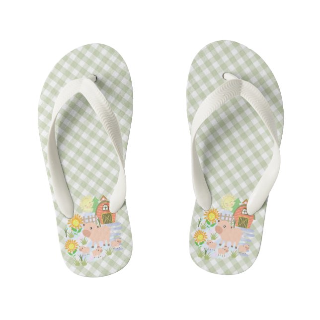 Farm House Pig Buffalo Plaid. Kid's Flip Flops (Footbed)