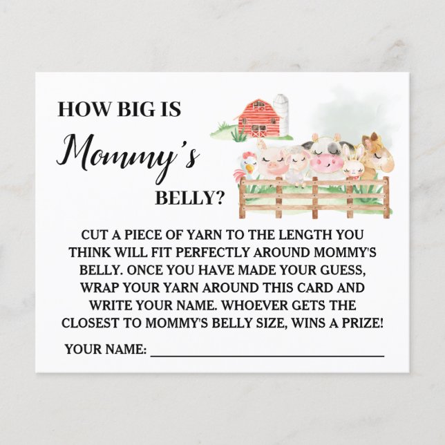 Farm How big is Moms Belly Baby Shower Game Card (Front)