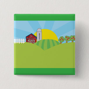 Farm Landscape Red Barn Silo Apple Trees 2 Inch Square Button