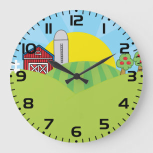 Farm Landscape Red Barn Silo Apple Trees Large Clock