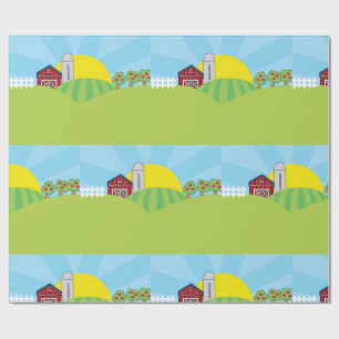 Farm Landscape Red Barn Silo Apple Trees Wrapping Paper