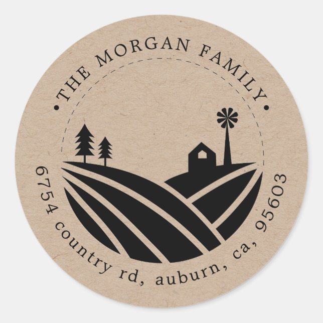 farm life illustration return address monogram classic round sticker (Front)