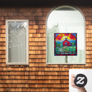 Farm Life Red Barn At Sunset Faux Stained Glass Window Cling
