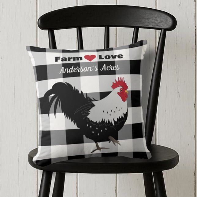 Farm Love Custom Rooster Black White Check Throw Pillow (Creator Uploaded)