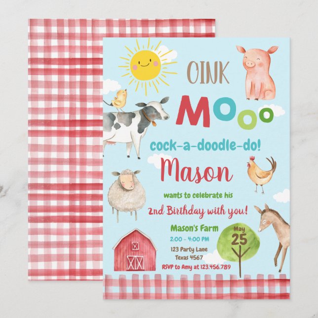 Farm Old MacDonald Barnyard Red Animals Party Invitation (Front/Back)