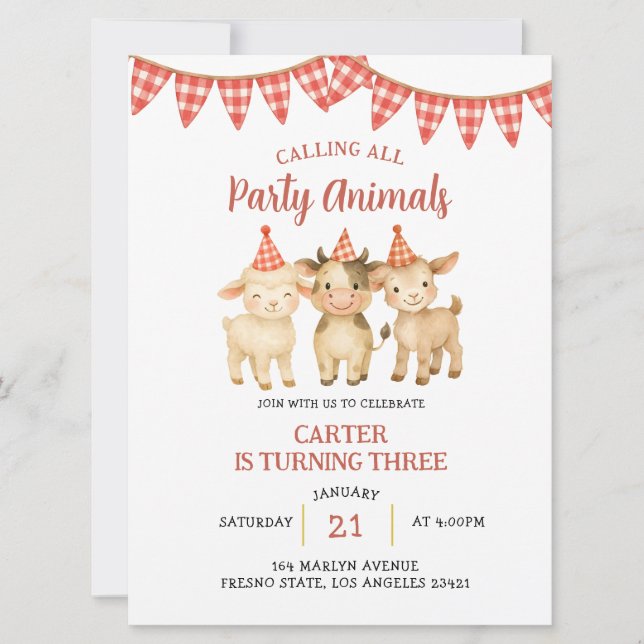 Farm Party Calling All Party Animals Birthday  Invitation (Front)