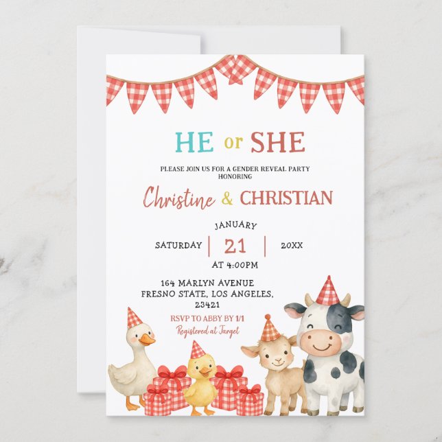Farm Party He or She Gender Reveal Invitation (Front)