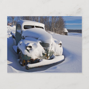 Farm Pickup Truck Covered in Snow Holiday Postcard