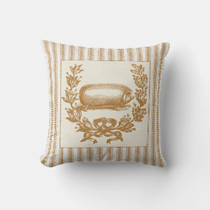 Farm Pig with Wreath on Brown Ticking Throw Pillow