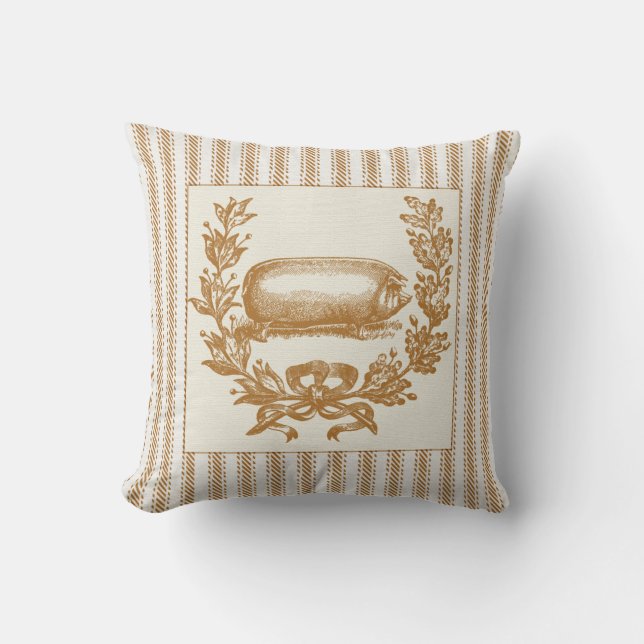 Farm Pig with Wreath on Brown Ticking Throw Pillow (Front)