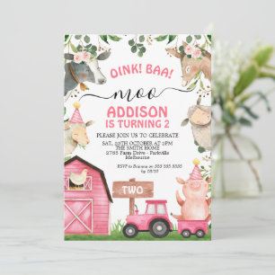 Farm Pink Barn and Tractor Girls Birthday Invitation