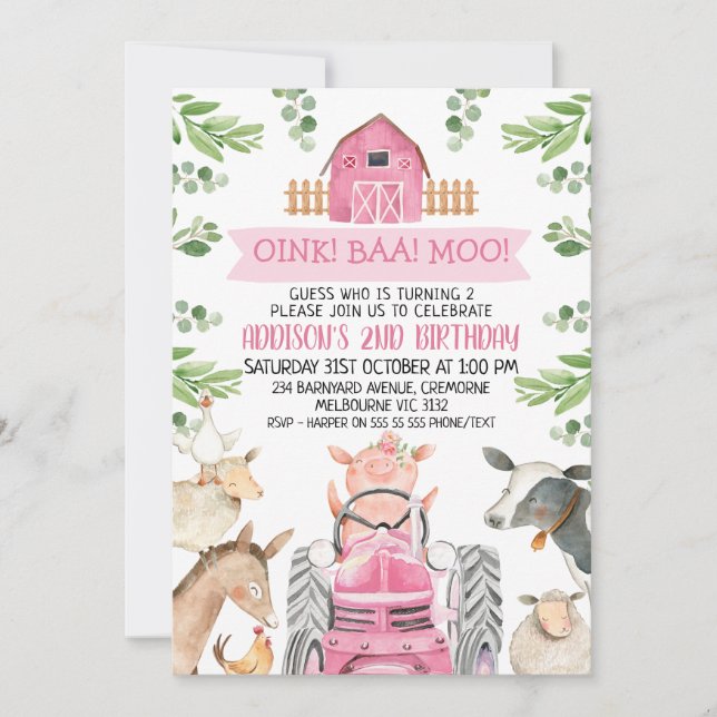 Farm Pink Tractor Oink Baa Moo 2nd Birthday Invitation (Front)