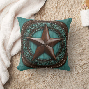 Farm Ranch Country Western Turquoise Texas Star  Throw Pillow