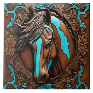 Farm Ranch Western Country Turquoise Brown Horse  Tile
