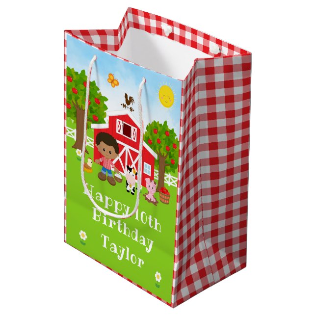 Farm Red Barn African American Boy Happy Birthday Medium Gift Bag (Front Angled)