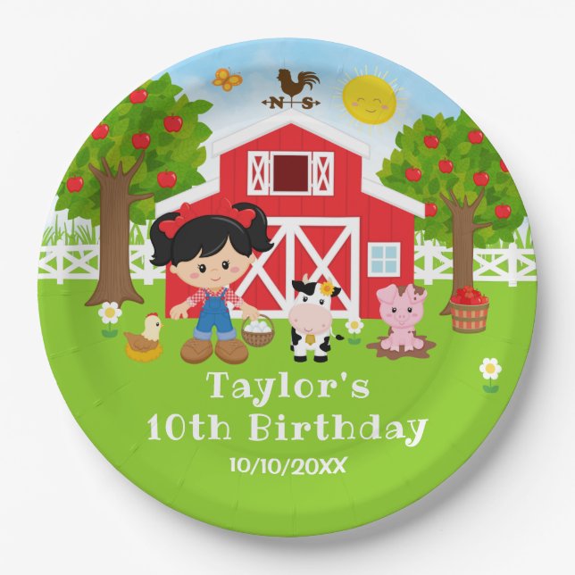 Farm Red Barn Black Hair Girl Birthday Party Paper Plate (Front)