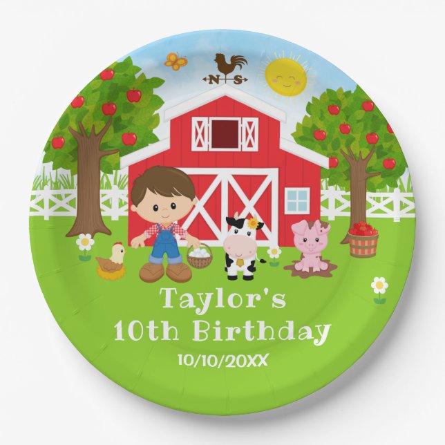 Farm Red Barn Brown Hair Boy Birthday Party Paper Plate (Front)