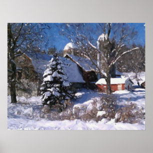 Farm & Red Barn In Snow Winter Print