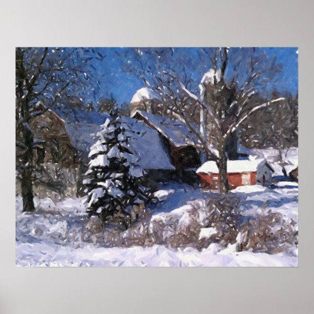 Farm & Red Barn In Snow Winter Print (Front)