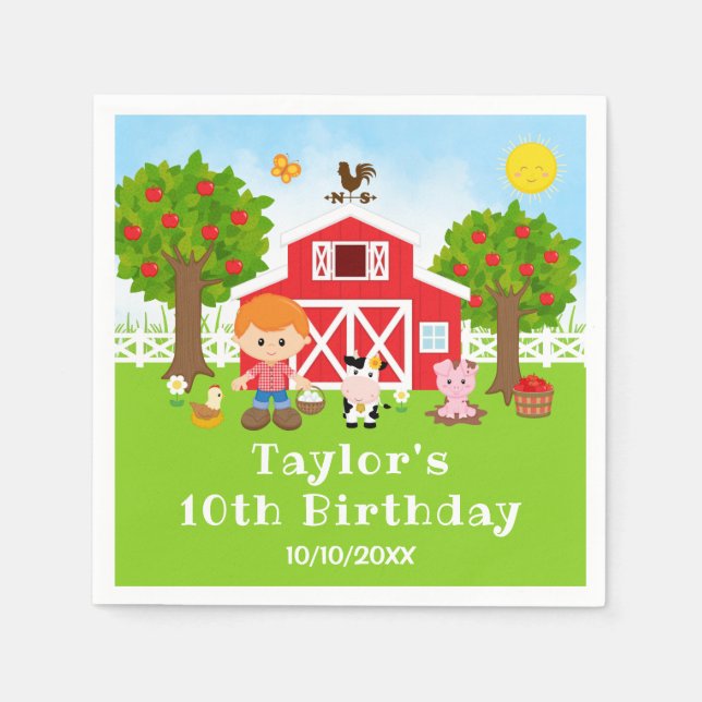 Farm Red Barn Red Hair Boy Birthday Party Napkin (Front)