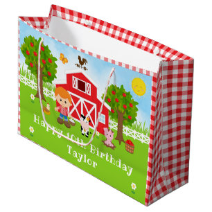 Farm Red Barn Red Hair Boy Happy Birthday Large Gift Bag