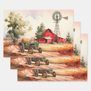 Farm Red Barn Tractor Landscape Decoupage Wrapping Paper Sheet