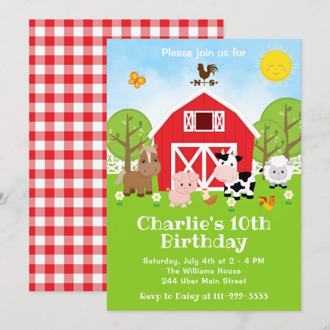 Farm Red Barnyard Animals Birthday Party Invitation (Front/Back)