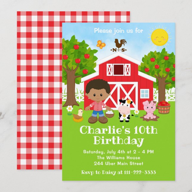 Farm Red Barnyard Birthday African American Invitation (Front/Back)