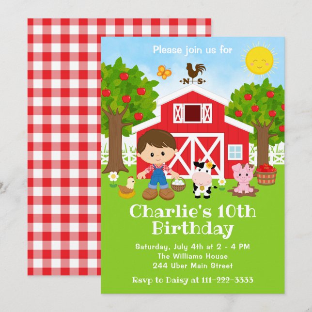 Farm Red Barnyard Birthday Brown Hair Boy Invitation (Front/Back)