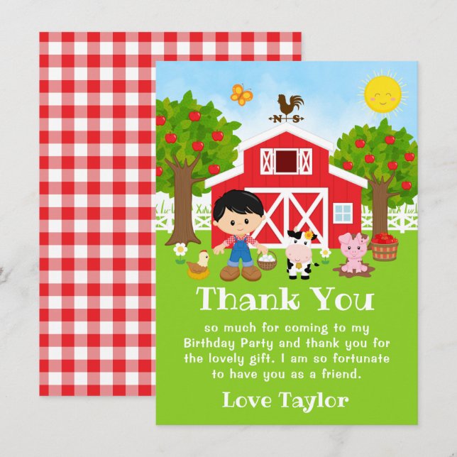 Farm Red Birthday Black Hair Boy Thank You Card (Front/Back)