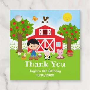 Farm Red Birthday Black Hair Boy Thank You Favour Tags