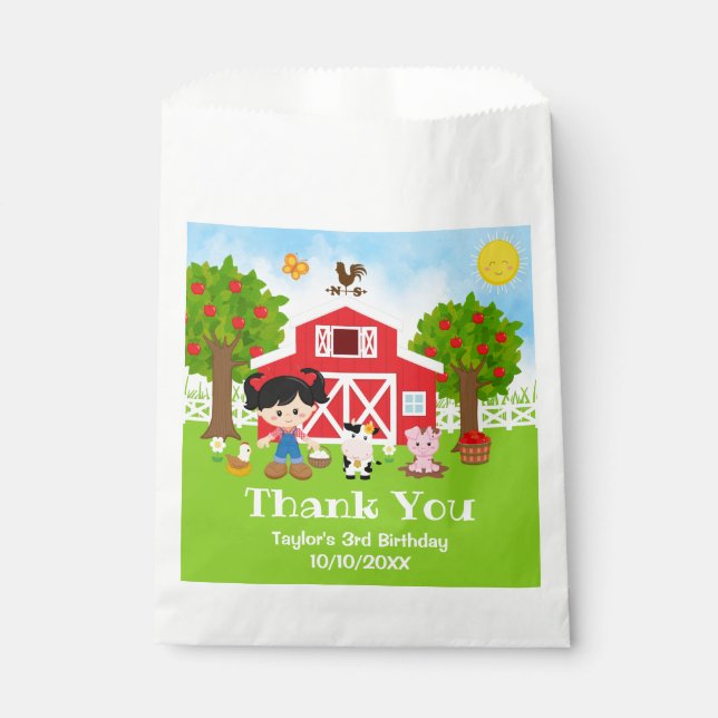Farm Red Birthday Black Hair Girl Thank You Favour Bag (Front)
