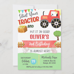 Farm red tractor boy ANY AGE birthday invitation. Invitation