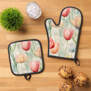 Farm Red Yellow Tulip Flowers Bridal Shower Oven Mitt & Pot Holder Set