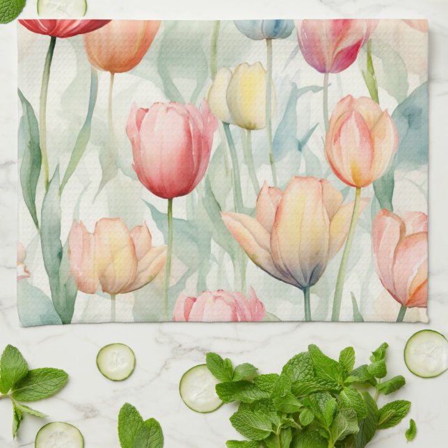 Farm Red Yellow Tulip Flowers  Kitchen Towel (Folded)