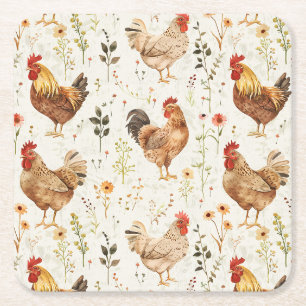 Farm Roosters Chickens Flowers Square Paper Coaster
