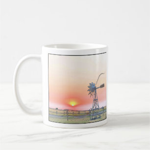 Farm Scene at Sunset with Rustic Windmill Coffee Mug