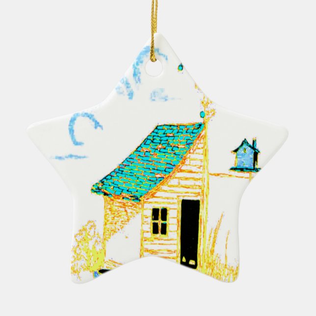 Farm Scene with shed, tree, and birdhouse Ceramic Ornament (Front)