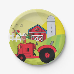 Farm Scene with Singing Rooster on Tractor  Paper Plate