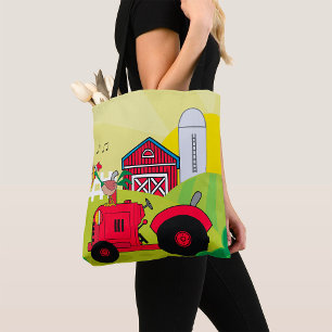 Farm Scene with Singing Rooster on Tractor  Tote Bag
