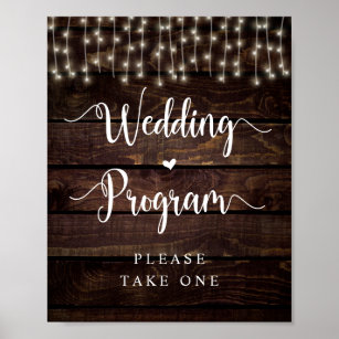 Farm String Lights, Dark Wood, Wedding Program Poster