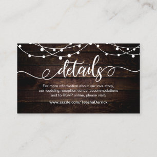 Farm String lights, White, Wood,  Wedding Details Enclosure Card