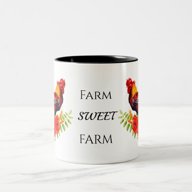 Farm Sweet Farm Floral Rooster  Two-Tone Coffee Mu Two-Tone Coffee Mug (Center)